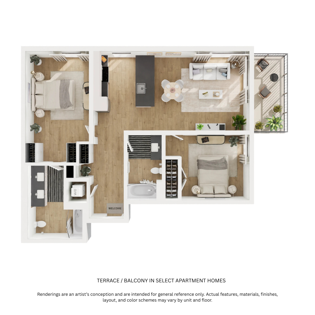 Floor plan for 2 beds, 2 baths, 957 sqft